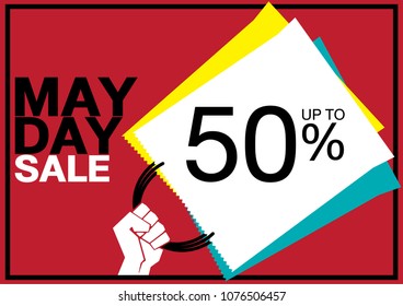 VECTOR - hand carry a shopping bag with copy text "up to 50%" on red background, typography may day sale.