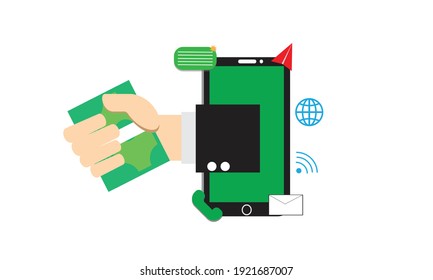 A vector of hand with cash appear on smartphone for online business and trading concept.