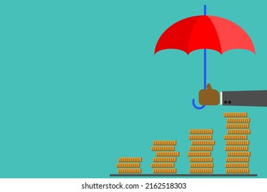 Vector hand catching the umbrella for protect the coin money, saving and investment for feature life concept  with copy space for text on the green background