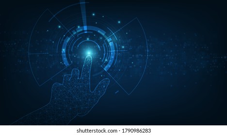 Vector hand and circle tech on dark blue color technology background design.