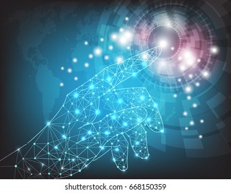 Vector hand and circle tech on technology background.