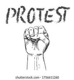 Vector of hand clenched into a fist.Inscription Protest.Sketch illustration