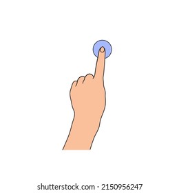 Vector Hand Clicking Button Isolated on White Background, Pointing Finger Pressing Circle Button, Flat Design Element, Colorful Illustration.