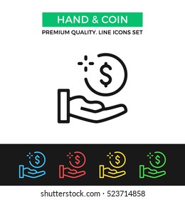 Vector hand and coin icon. Savings, charity concepts. Premium quality graphic design. Signs, outline symbols collection, simple thin line icons set for websites, web design, mobile app, infographics