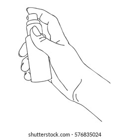 Vector Hand With Cosmetic Spray Bottle, Cream Dispenser, Line Drawing Isolated Symbol At White Background