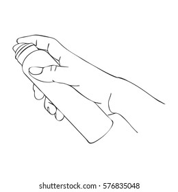 Vector Hand With Cosmetic Spray Bottle, Cream Dispenser, Line Drawing Isolated Symbol At White Background