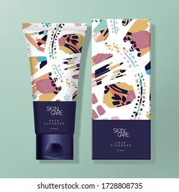 Vector Hand Cream or Cleanser Tube & Carton Box Packaging with Trendy Abstract Pattern Design