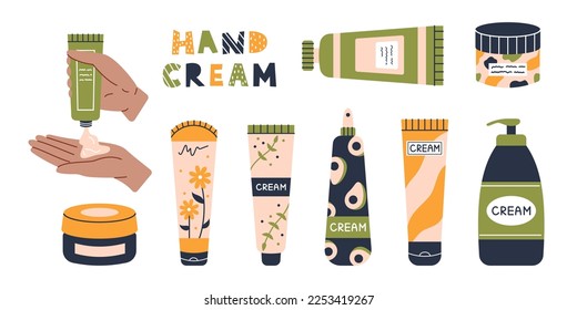 Vector hand cream set. Beauty and skincare. Tubes of cream, jurs and sprays. Swarthy hand squeezes a tube of cream. 