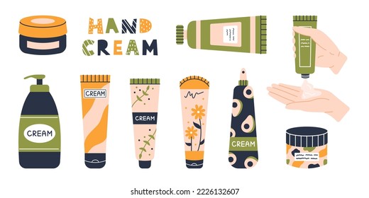 Vector hand cream set. Skincare. Tubes of cream, jurs and sprays. Hand squeezes a tube of cream. Beauty.