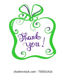 Vector of hand cursive writing letters written phrases as "Thank you" with a brush for a banner or greeting card. Calligraphy drawn text on white background and decorative element as a present bag