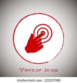 Vector hand cursor vector icon Red round button on a gray background