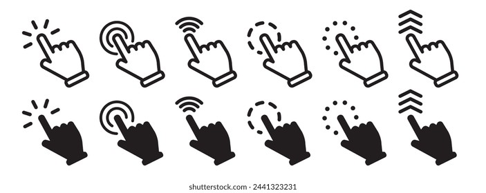 Vector hand cursors icons click set. Pointer cursor сomputer mouse icon. Clicking cursor, pointing hand clicks icons