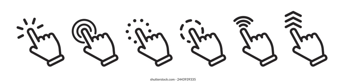 Iconos de cursores de mano vectoriales haga clic en set. Cursor del puntero сicono del mouse del equipo. Haciendo clic en el cursor, apuntando la mano hace clic en iconos