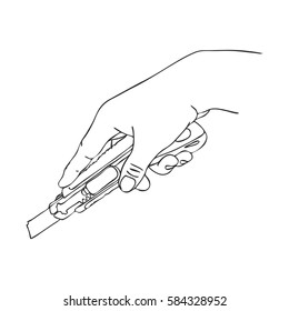 vector hand with cutter knife, hand drawn line illustration