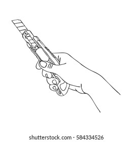 vector hand with cutter knife, hand drawn line illustration