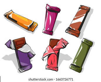 Vector hand dawn cartoon set of candy chocolate bar, vector illustration isolated on white background
