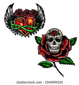 Vector hand dawn colorful illustration of heart with wings and roses and rose with skull in the engraving tattoo style isolated on white background. 