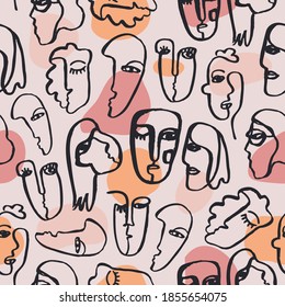 Vector hand dawn faces seamless pattern. Ink painted abstract cubism people background, doodle, sketch, art poster. Modern abstract faces. 