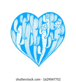 Vector hand dawn heart from blue cactus on white background. Card for Valentine day
