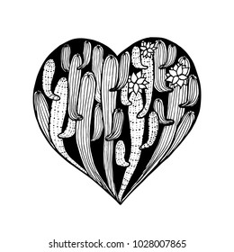 Vector hand dawn heart from cactus. Cacti coloring page book anti stress for adult. Card for Valentine day