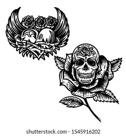 Vector hand dawn illustration of heart with wings and roses and rose with skull in the engraving tattoo style isolated on white background. 