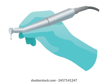 La mano del Vector de un dentista sostiene una máquina de quemadura en su mano para tratar un diente de caries en un fondo aislado. Ilustración de ir al dentista. Concepto de prevención dental. EPS10
