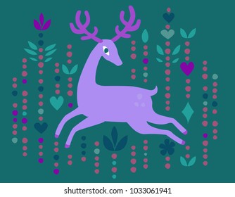 Vector hand dravn flat deer running deer with decor elements ethnic style purple on blue green