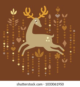 Vector hand dravn flat deer on brown running deer with decor elements ethnic style
