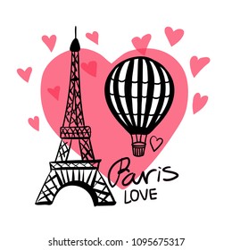 Vector hand draw Air Balloon and Paris Eiffel Tower isolated on pink heart and white background