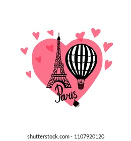 Vector hand draw Air Balloon and Paris Eiffel Tower isolated on pink heart and white background
