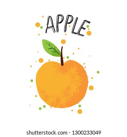 Vector hand draw apple illustration. Orange apple with juice splash isolated on white background. Textured apples with splashes, juice tropical fruit with word Apple on top. Fresh silhouette fruit of