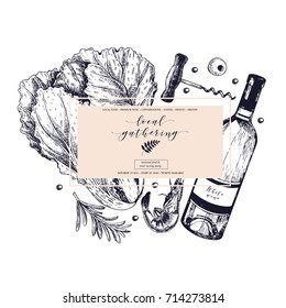 Vector hand draw banner. Local gathering. Frame composition. Wine, seafood, cheese, chicken meet, vegetable cabbage, rosemary, corkscrew, shrimp Engraved art Sketched objects restaurant menu party