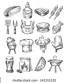 vector hand draw barbecue icon set on white