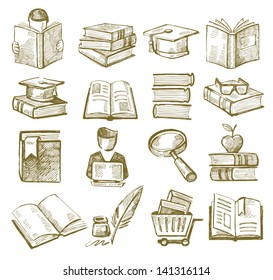 vector hand draw books icons set on white