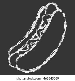 Vector hand draw brush line chalk white hot dog on black background