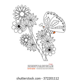 Vector hand draw  butterfly with branching. Zentangle sketch of flying insect.vector illustration.