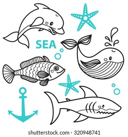 vector hand draw cartoon whale, fish, dolphin, star and shark. Vector illustration