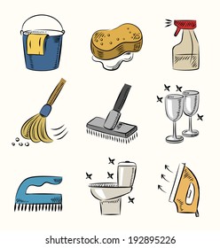 vector hand draw cleaning icon set on beige