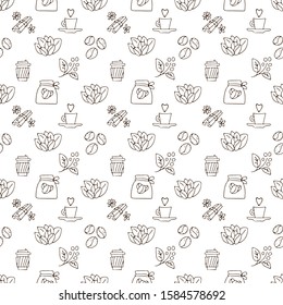 Vector hand draw coffee cup and coffee beans with leaves pattern. Coffe take away simple seamless pattern, paper coffee cups on white background, sketch textured background, coffee seamless pattern