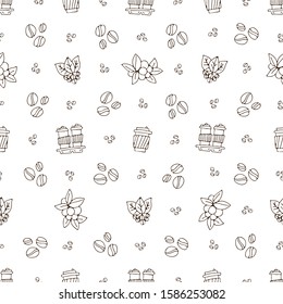 Vector hand draw coffee cup and coffee beans with leaves pattern. Coffe take away simple seamless pattern, paper coffee cups on white background, sketch textured background, coffee seamless pattern