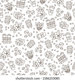 Vector hand draw coffee cup and coffee beans with leaves pattern. Coffe take away simple seamless pattern, paper coffee cups on white background, sketch textured background, coffee seamless pattern