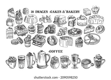 Vector Hand draw collection of pastries, cakes and coffee