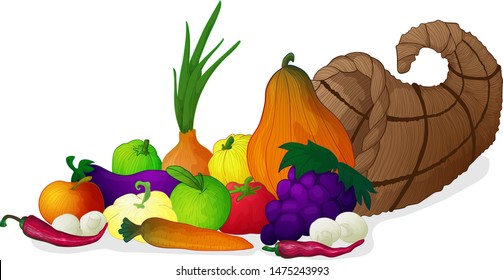 Vector hand draw colorful autumn illustration of horn of plenty with vegetables on white background for harvest festival or thanksgiven day. Art of cornucopia and grape and veggies