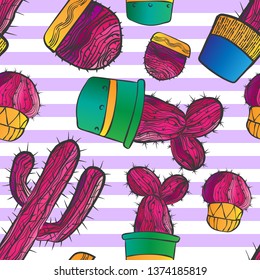 Vector hand draw colorful seamless pattern of pink cactus in pots