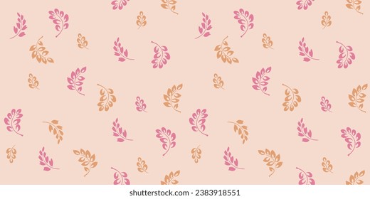 Vector hand draw cute branches leaves randomly scattered on a seamless pattern. Simple, pastel, minimalist beige print. Template for design, textile, fashion, surface design, fabric, interior decor