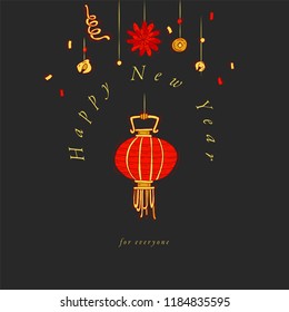 Vector hand draw design for Chinese New Year greetings card colorful color. Typography and icon for Xmas background, banners or posters and other printables. Traditional holidays decoration items