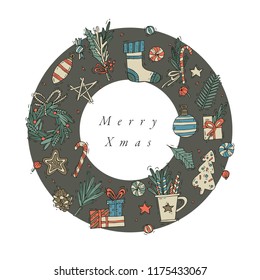 Vector hand draw design for Christmas greetings card colorful color. Typography and icon for Xmas background, banners or posters and other printables. Winter holidays design elements