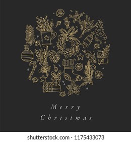 Vector hand draw design for Christmas greetings card golden color. Typography and icon for Xmas background, banners or posters and other printables. Winter holidays design elements