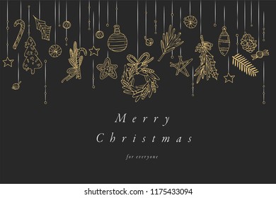 Vector hand draw design for Christmas greetings card golden color. Typography and icon for Xmas background, banners or posters and other printables. Winter holidays design elements