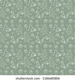 Vector hand draw design for Christmas greetings pattern. 
Xmas background, banners or posters and other printables. On green background. EPS 10.